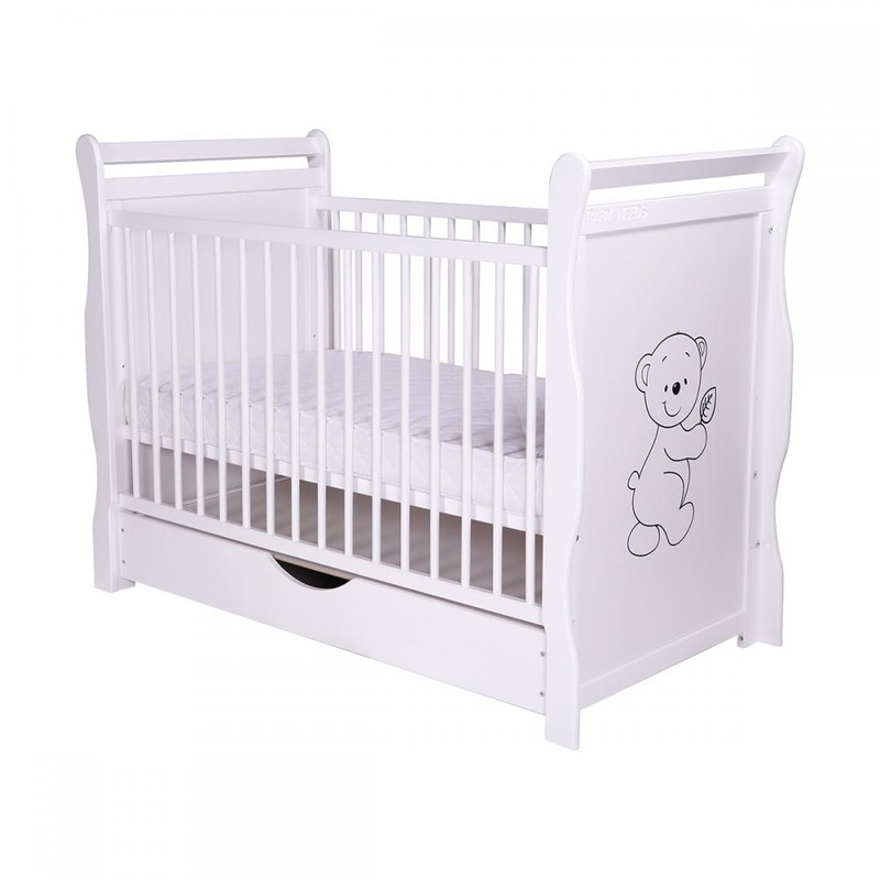 BabyNeeds Patut din lemn Jas Ursulet 120x60 cm cu sertar Alb + Saltea 9 cm image 2