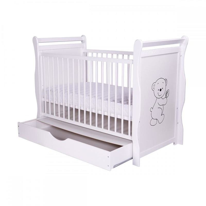 BabyNeeds Patut din lemn Jas Ursulet 120x60 cm cu sertar Alb + Saltea 9 cm image 3