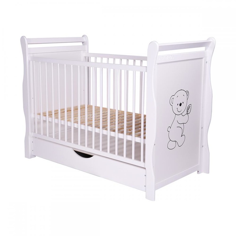 BabyNeeds Patut din lemn Jas Ursulet 120x60 cm cu sertar Alb + Saltea 9 cm image 6