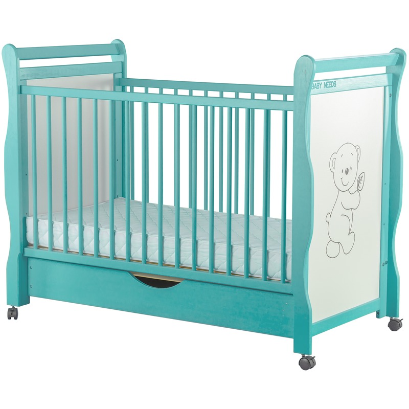 BabyNeeds Patut din lemn Jas Ursulet 120x60 cm cu sertar Mint + Saltea 9 cm