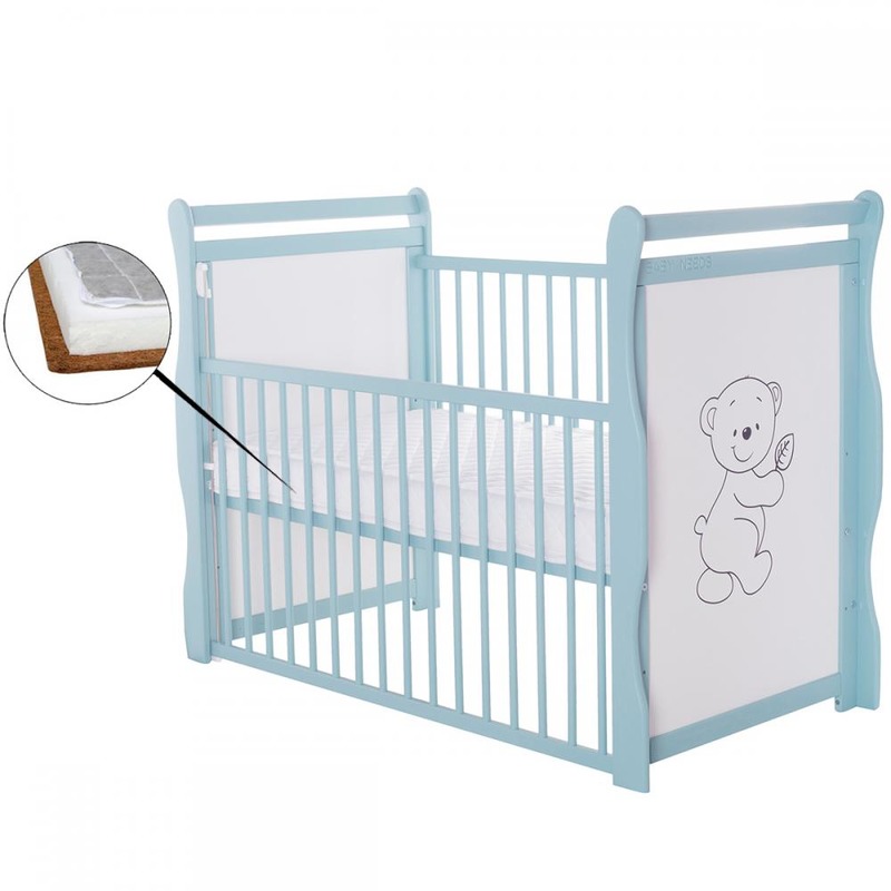 BabyNeeds Patut din lemn Jas Ursulet 120x60 cm cu laterala culisanta Mint + Saltea 9 cm