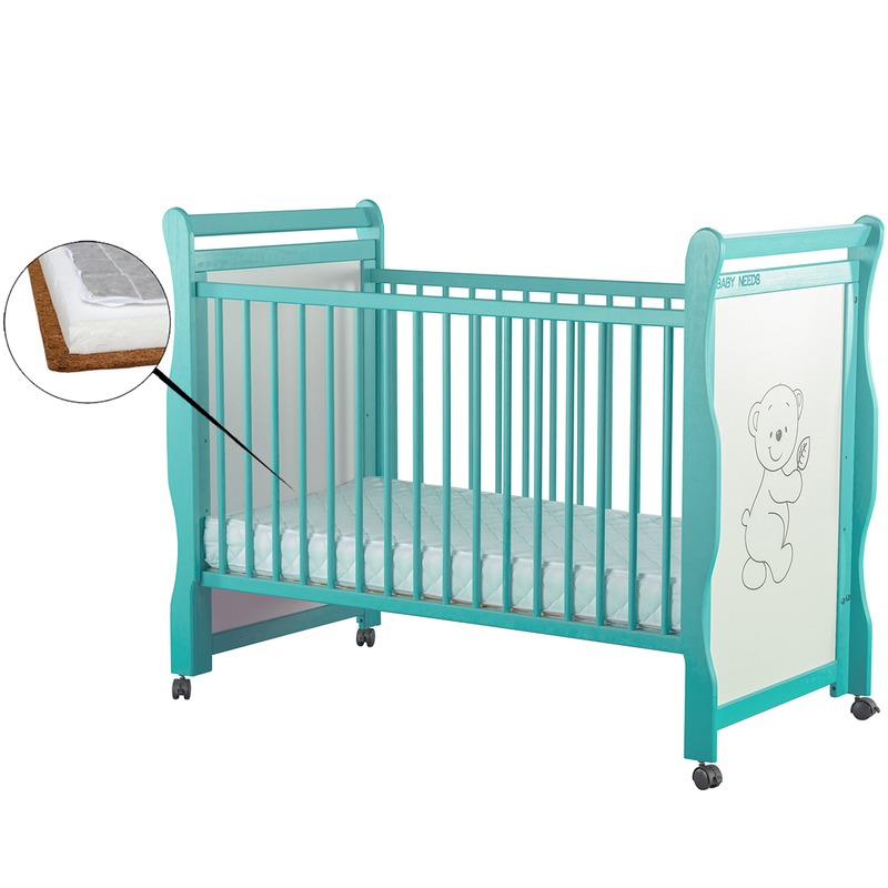 BabyNeeds Patut din lemn Jas Ursulet 120x60 cm Mint + Saltea 9 cm