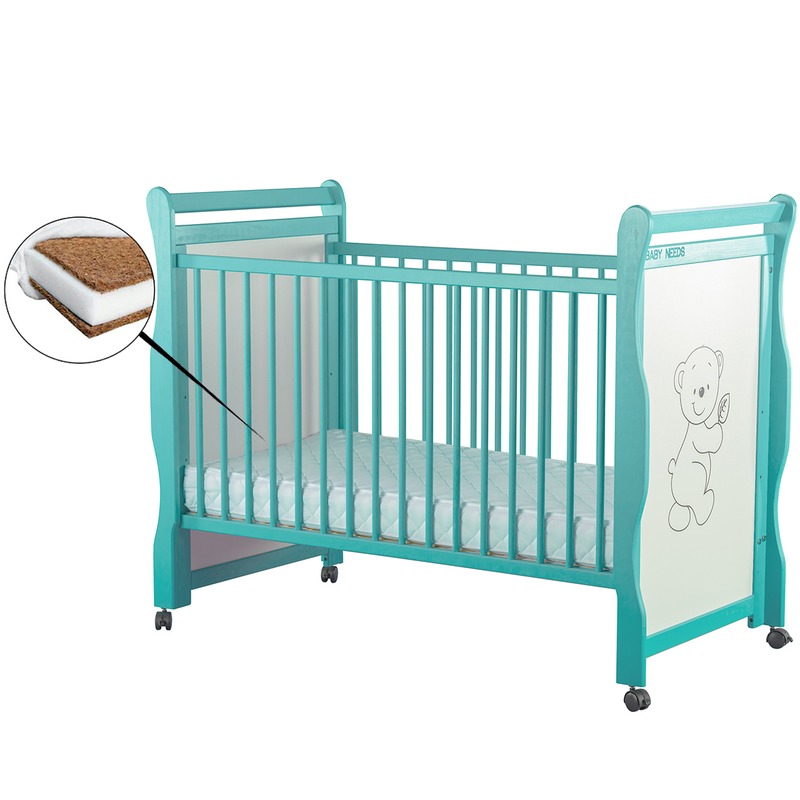 BabyNeeds Patut din lemn Jas Ursulet 120x60 cm Mint + Saltea 10 cm