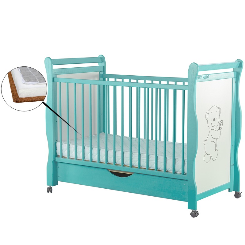 BabyNeeds Patut din lemn Jas Ursulet 120x60 cm cu sertar Mint + Saltea 9 cm image 2