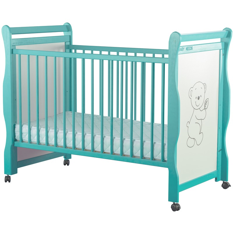 BabyNeeds Patut din lemn Jas Ursulet 120x60 cm Mint + Saltea 10 cm image 1