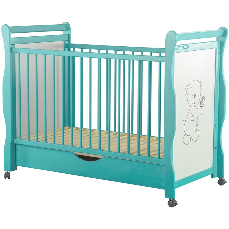 BabyNeeds Patut din lemn Jas Ursulet 120x60 cm cu sertar Mint + Saltea 9 cm image 3