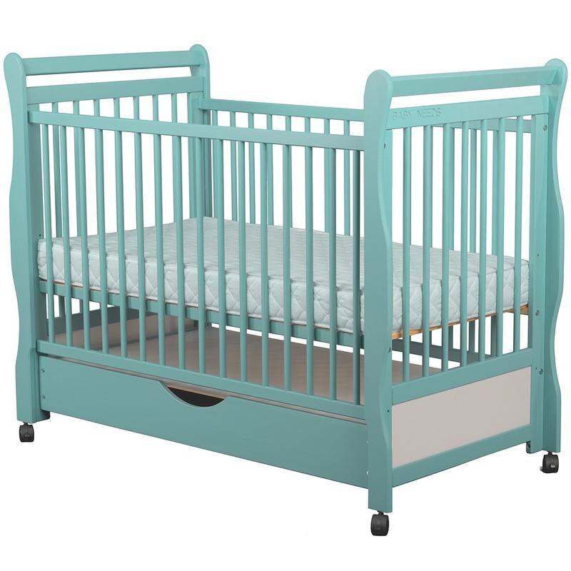 BabyNeeds Patut din lemn Jas 120x60 cm cu sertar Mint + Saltea 9 cm