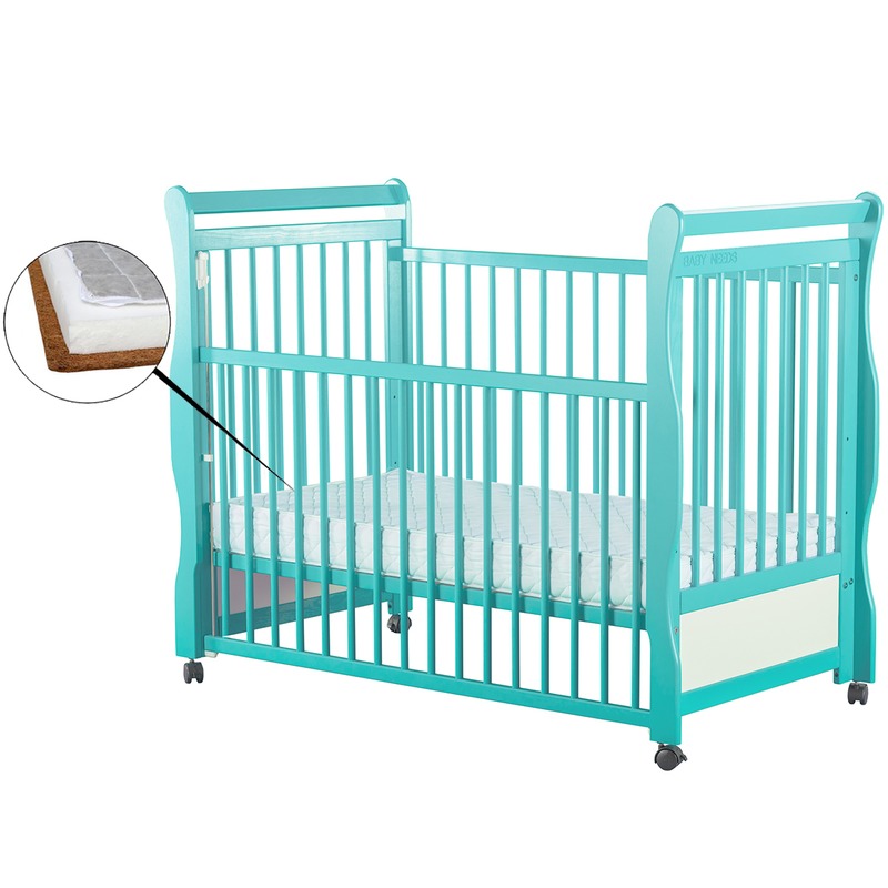 BabyNeeds Patut din lemn Jas 120x60 cm cu laterala culisanta Mint + Saltea 9 cm