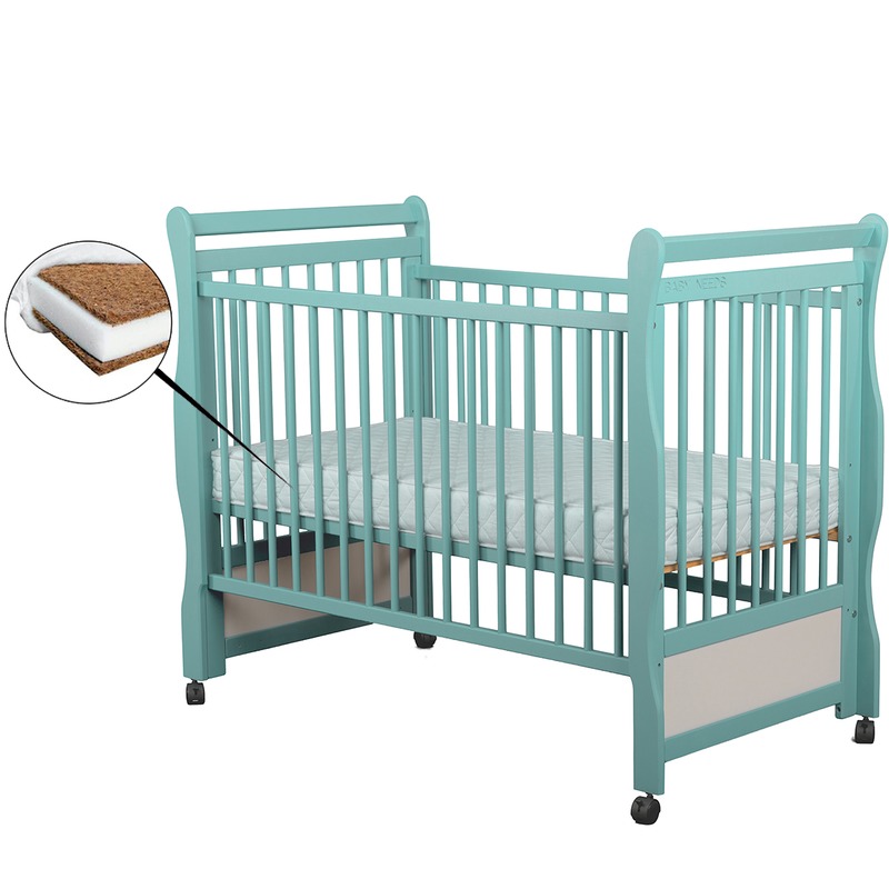 BabyNeeds Patut din lemn Jas 120x60 cm Mint + Saltea 10 cm