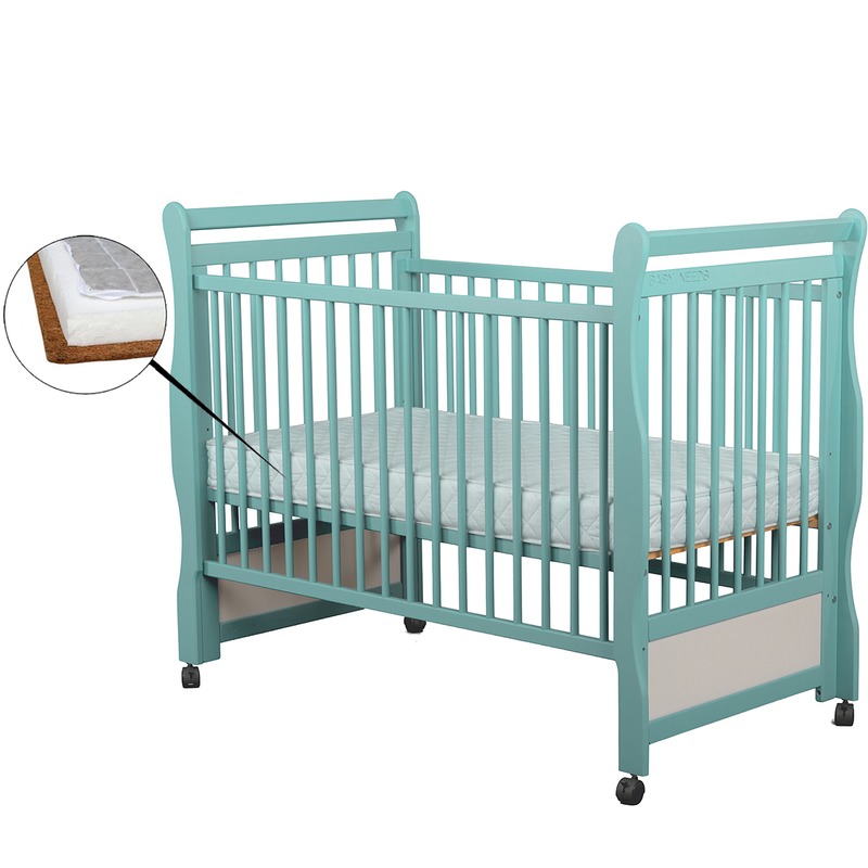 BabyNeeds Patut din lemn Jas 120x60 cm Mint + Saltea 9 cm