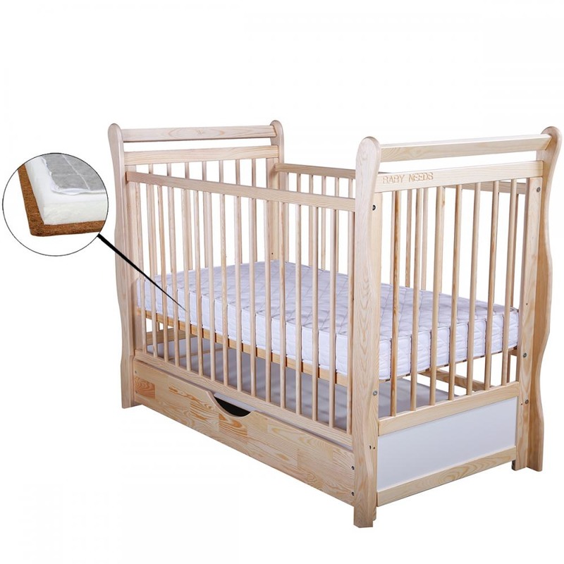 BabyNeeds Patut din lemn Jas 120x60 cm cu sertar Natur + Saltea 9 cm