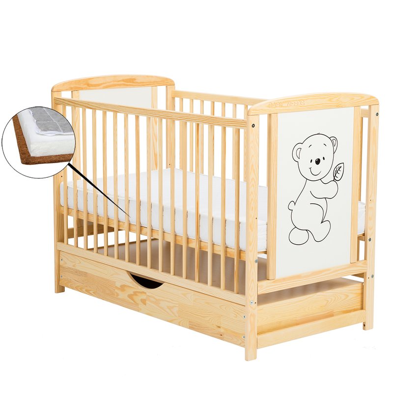 BabyNeeds Patut din lemn Timmi 120x60 cm cu sertar Natur + Saltea 9 cm