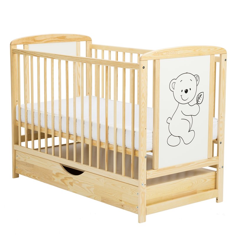 BabyNeeds Patut din lemn Timmi 120x60 cm cu sertar Natur + Saltea 9 cm image 1