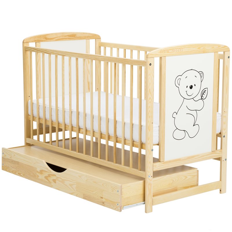 BabyNeeds Patut din lemn Timmi 120x60 cm cu sertar Natur + Saltea 9 cm image 2