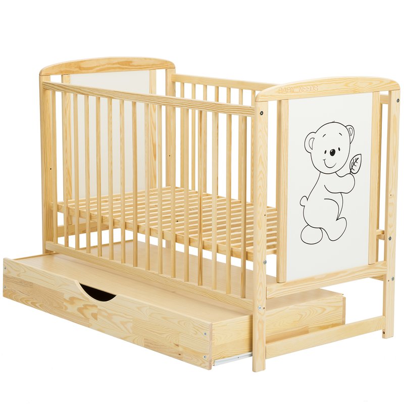 BabyNeeds Patut din lemn Timmi 120x60 cm cu sertar Natur + Saltea 9 cm image 3