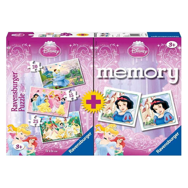 Puzzle + Joc Memory Printesele Disney, 3 Buc In Cutie 15/20/25 Piese