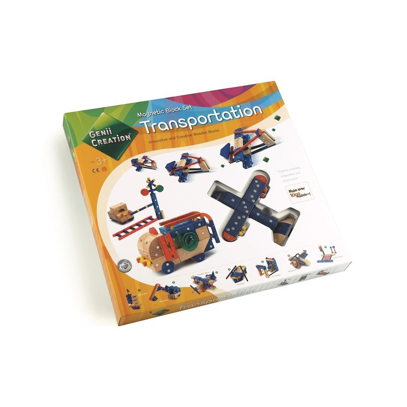 Genii Creation - Joc magnetic educativ din lemn Mijloace de transport 110 piese