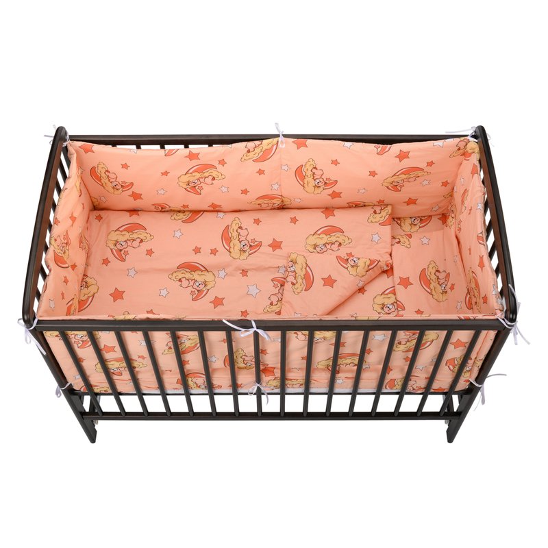 BabyNeeds - Lenjerie patut 5 piese 120x60 cm, Ursuleti somnorosi, Roz piersica