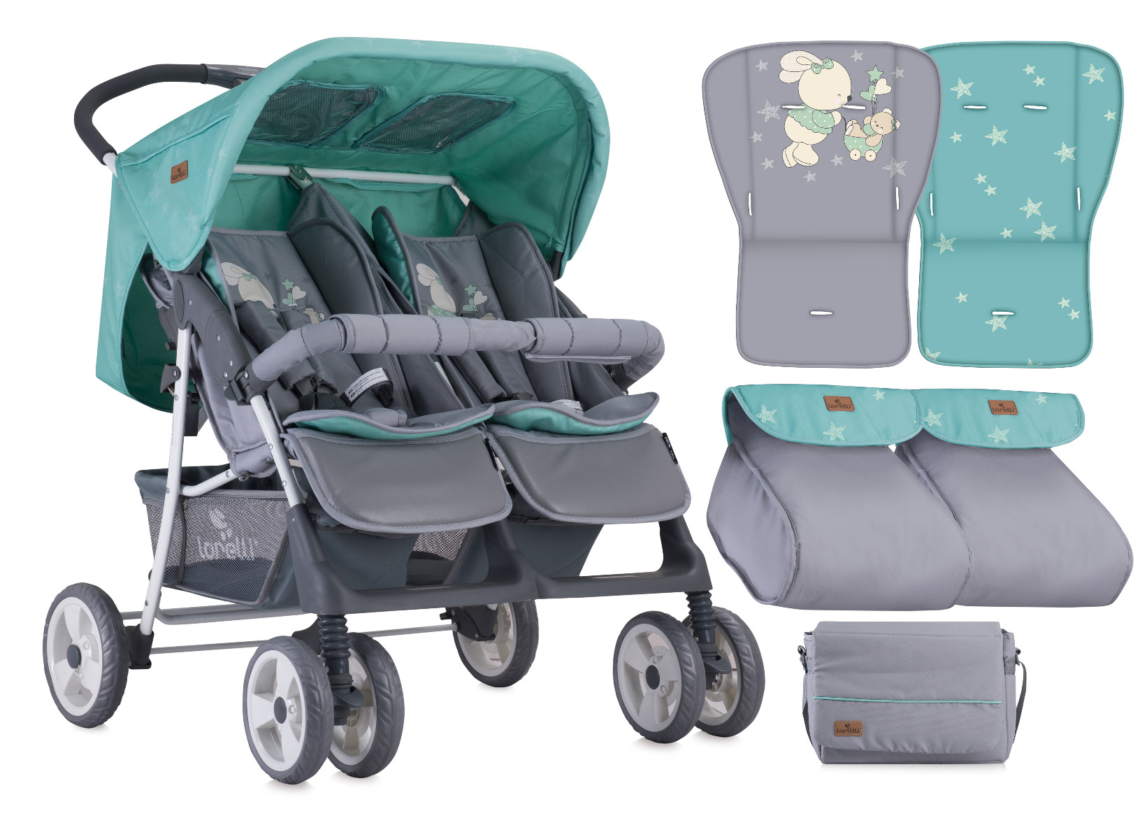 Carucior Landou pentru gemeni, Twin, pozitii alaturate, Grey & Green Bunnies