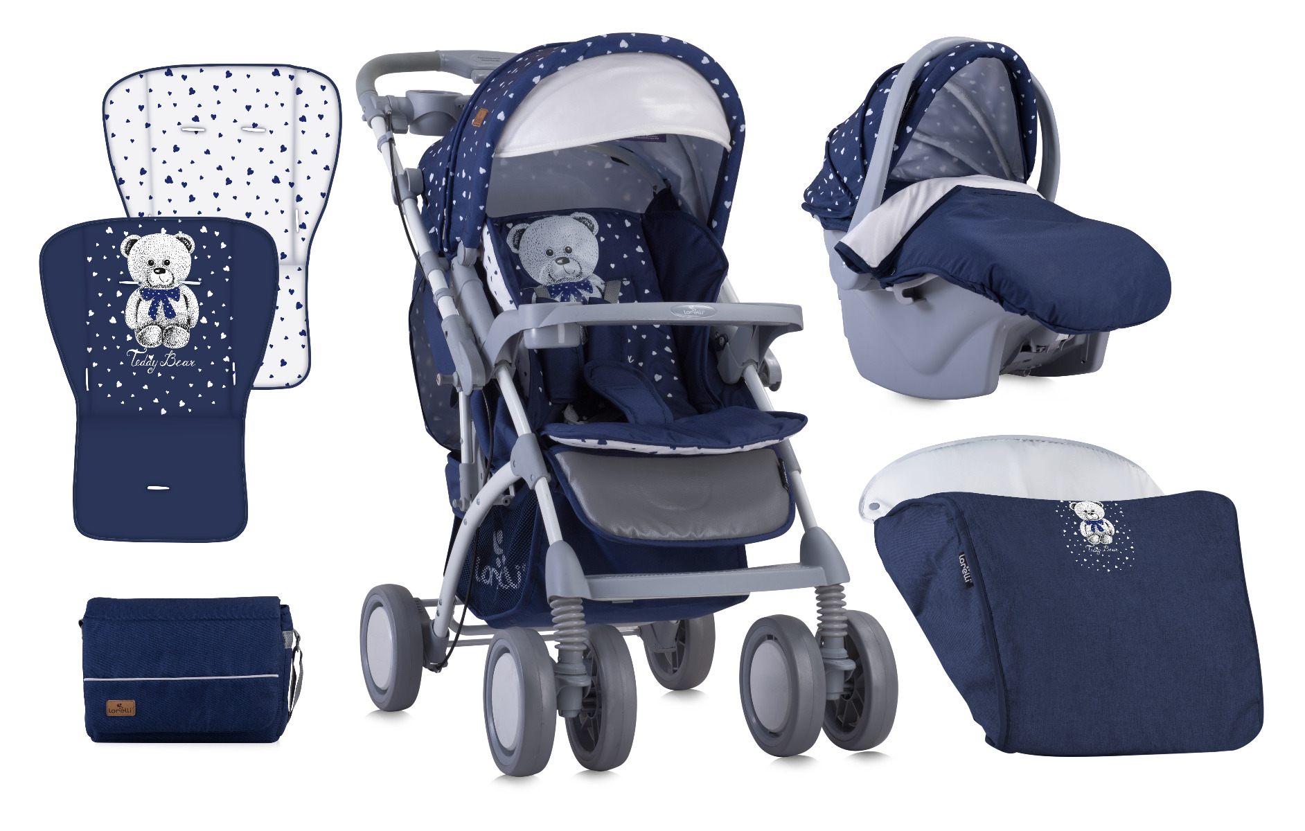 Carucior Set, Toledo, cos auto inclus, maner reversibil, Dark Blue Teddy Bear