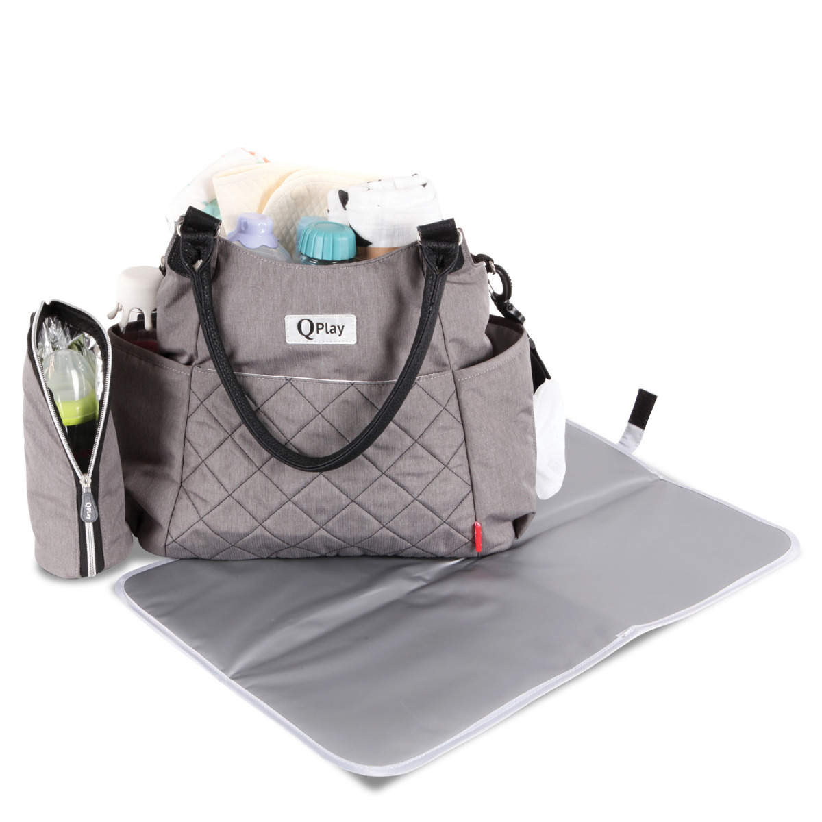 Geanta accesorii bebelusi, Qplay Tote, multiple compartimente, Light Grey image 4