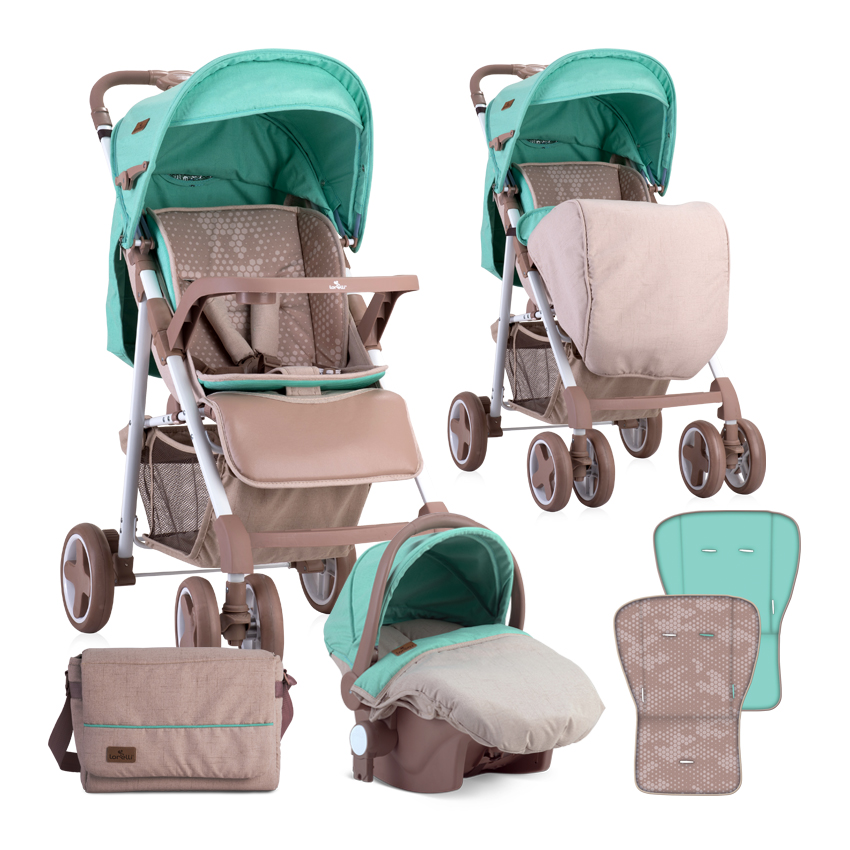 Carucior set 2 in 1, Aero, cos auto inclus, Beige & Green Dots