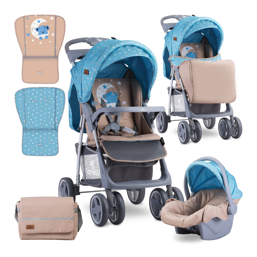 Carucior Set 2 in 1, Foxy, cos auto inclus, Blue & Beige Moon Bear