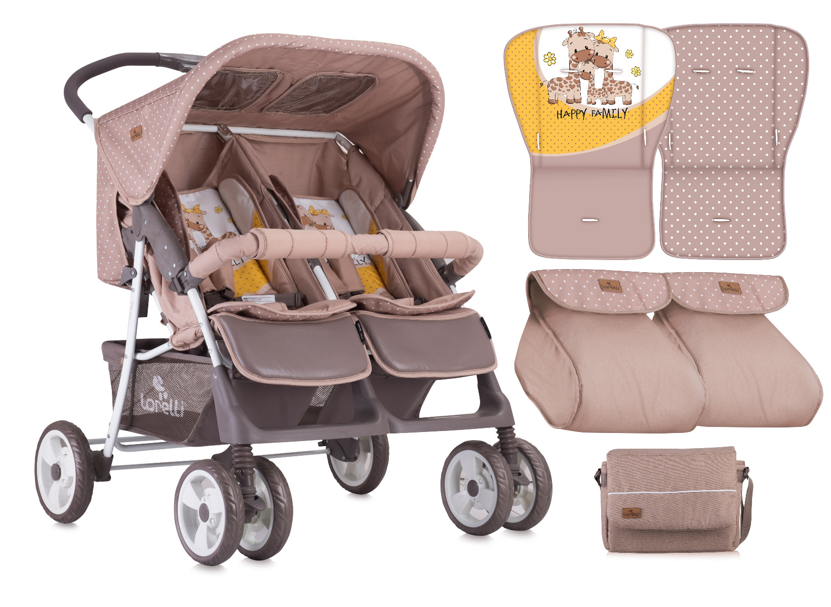 Carucior Landou pentru gemeni, Twin, pozitii alaturate, Beige & Yellow Family