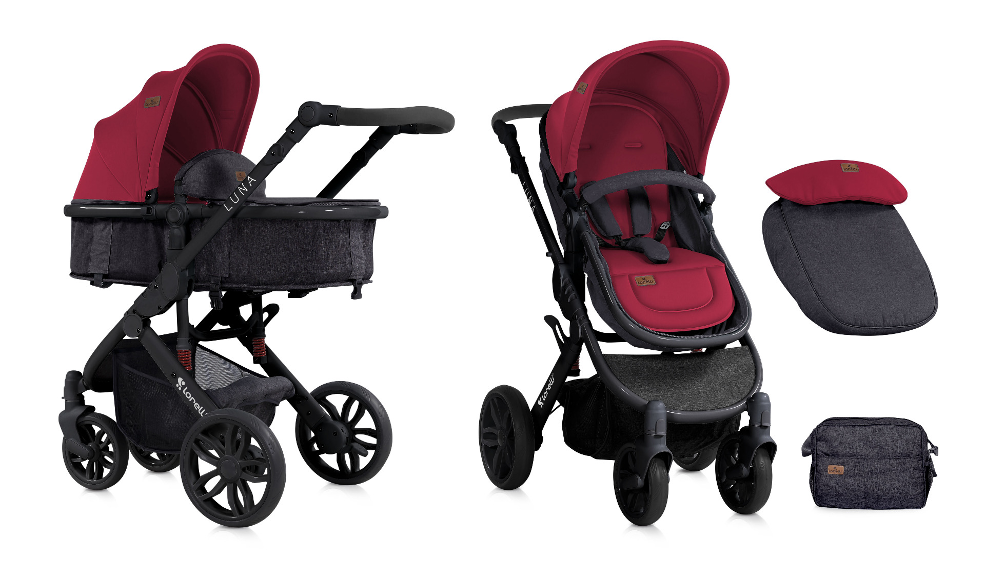 Carucior Sistem, Luna, landou transformabil, cadru aluminiu, Black & Red