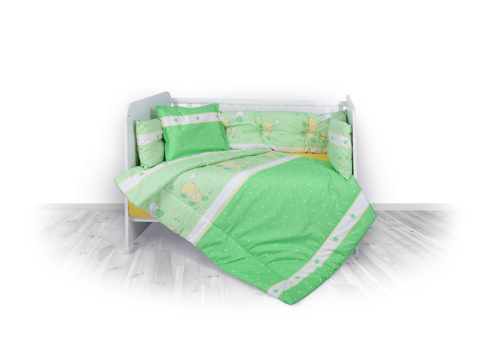 Set lenjerie pat bumbac  ranforce 8 piese 70 x 140 cm Little Ducks Green