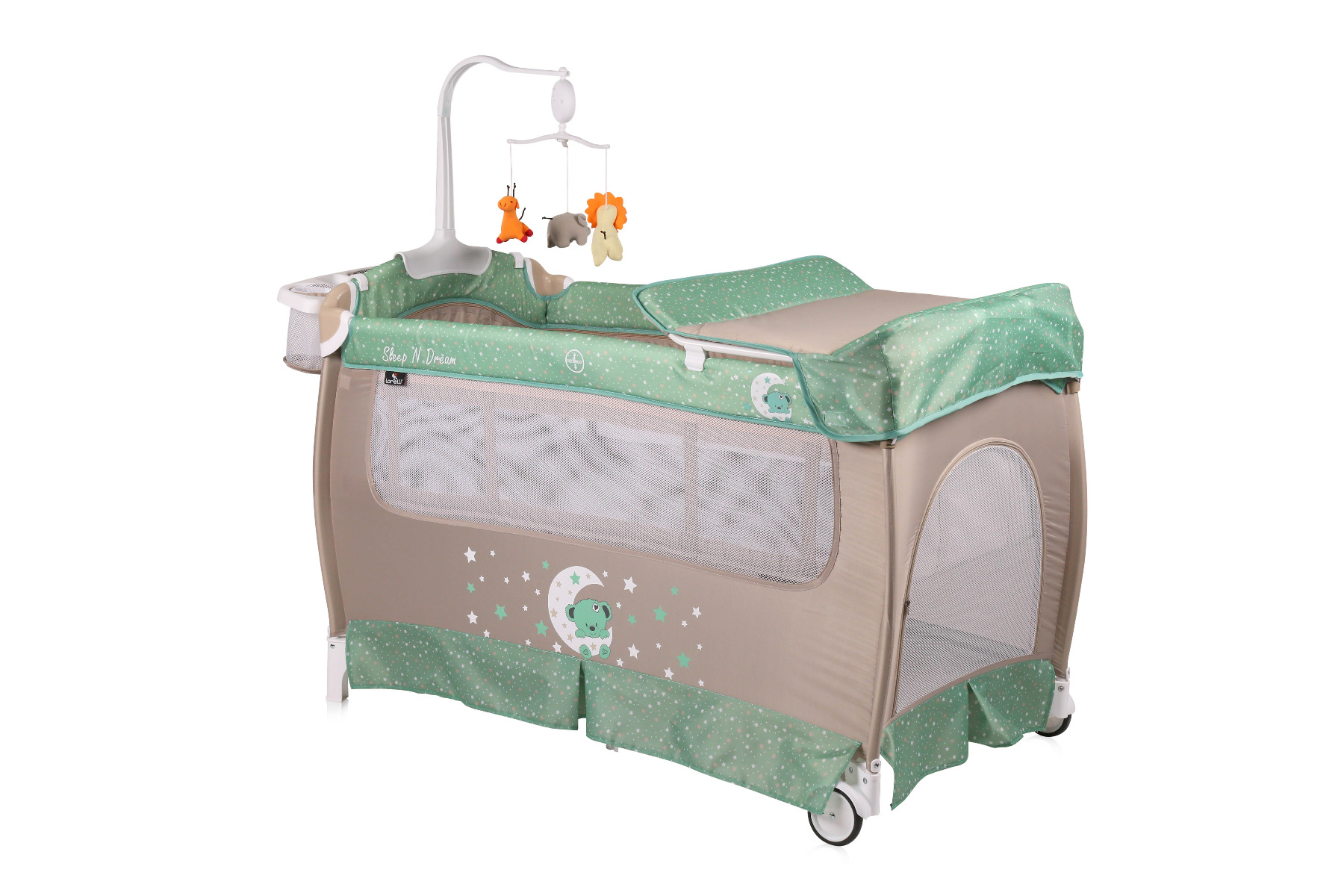 Patut pliabil, Sleep'n Dream, 2 nivele cu accesorii, Green & Beige Moon Bear