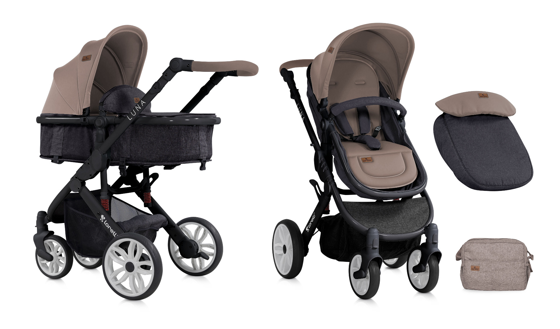 Carucior Sistem, Luna, landou transformabil, cadru aluminiu, Beige & Black