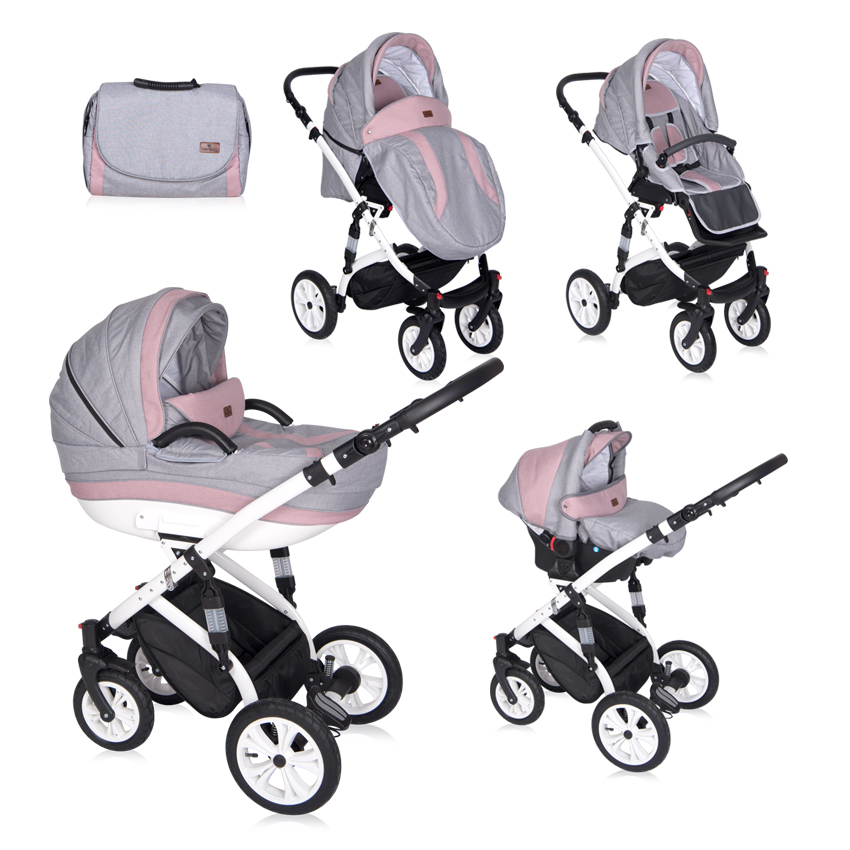 Carucior Set, Mia, roti cu camera, cos auto inclus, Pink & Grey