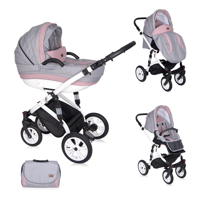 Carucior Set, Mia, roti cu camera, cos auto inclus, Pink & Grey image 1