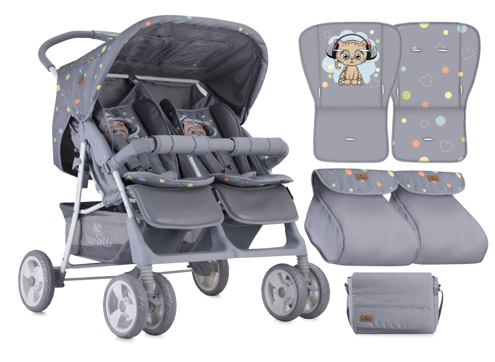 Carucior Landou pentru gemeni, Twin, pozitii alaturate, Grey Cute Kitten