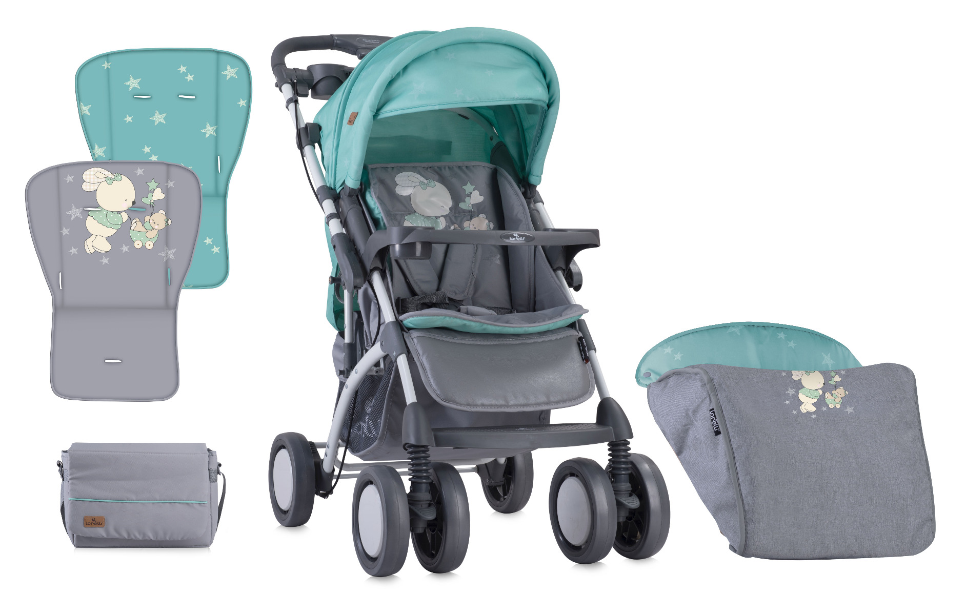 Carucior Landou, Toledo, maner reversibil, Grey & Green Bunnies