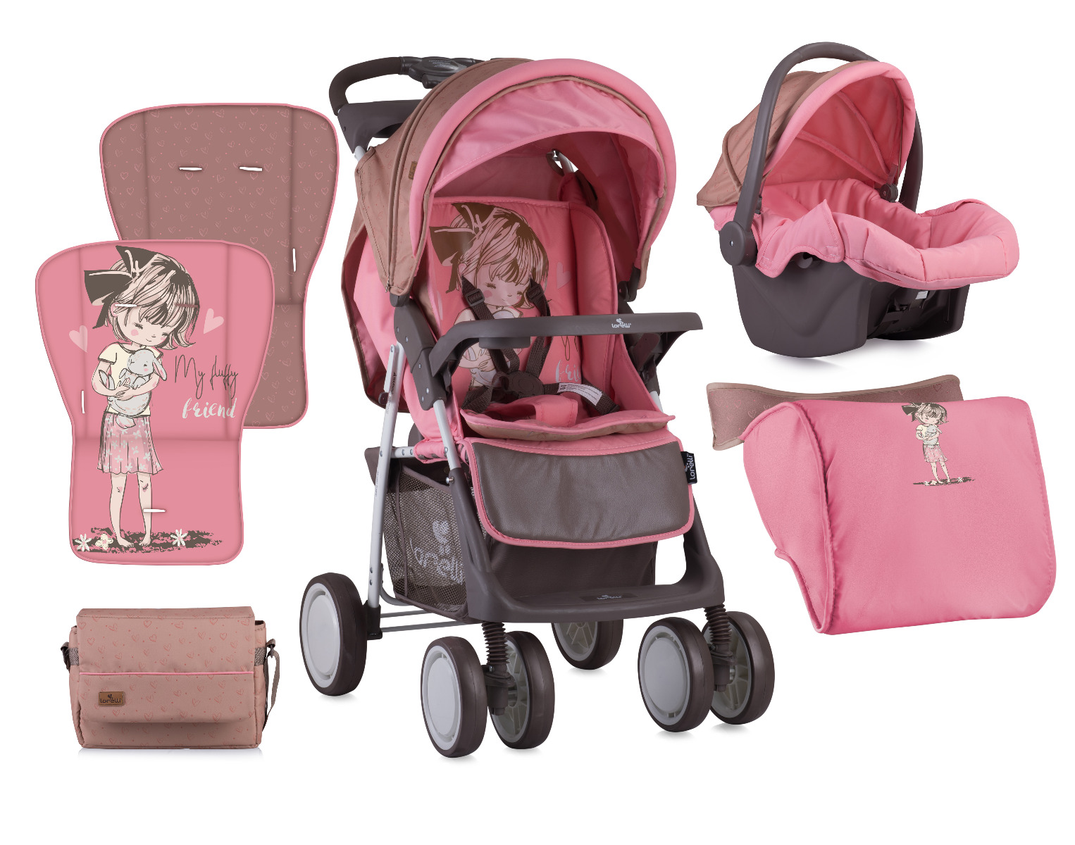 Carucior Set, Foxy, cos auto inclus, Beige & Pink Girl