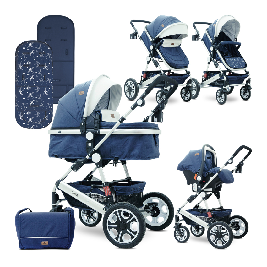 Carucior transformabil 3 in 1, Lora, Dark Blue Birds