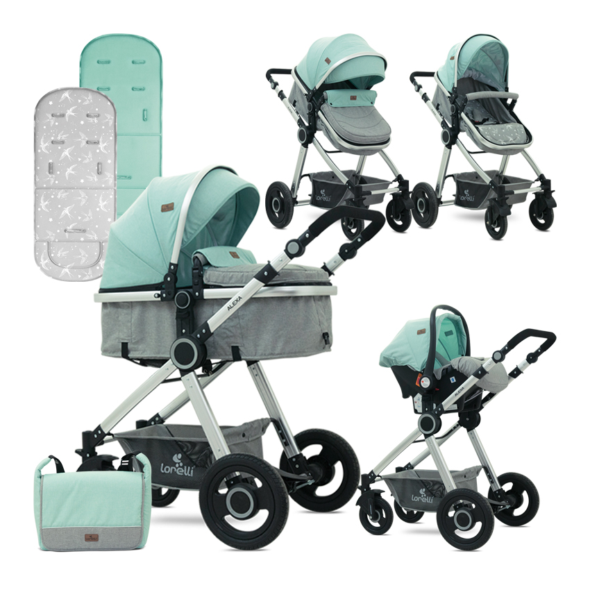 Carucior transformabil 3 in 1, Alexa, Green & Grey Birds