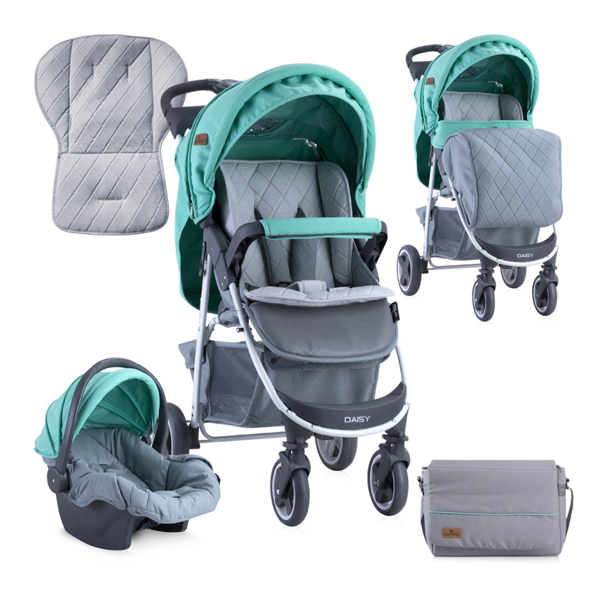 Carucior set 2 in 1, Daisy, cos auto inclus, Green & Grey 
