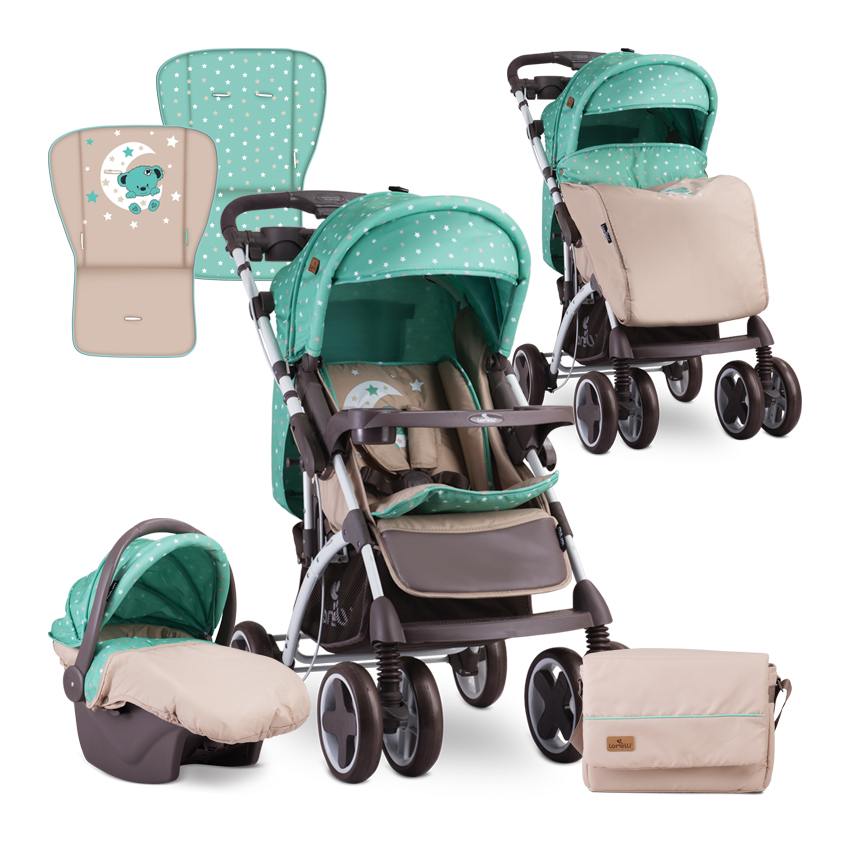 Carucior Set 2 in 1, Toledo, cos auto inclus, Green & Beige Moon Bear