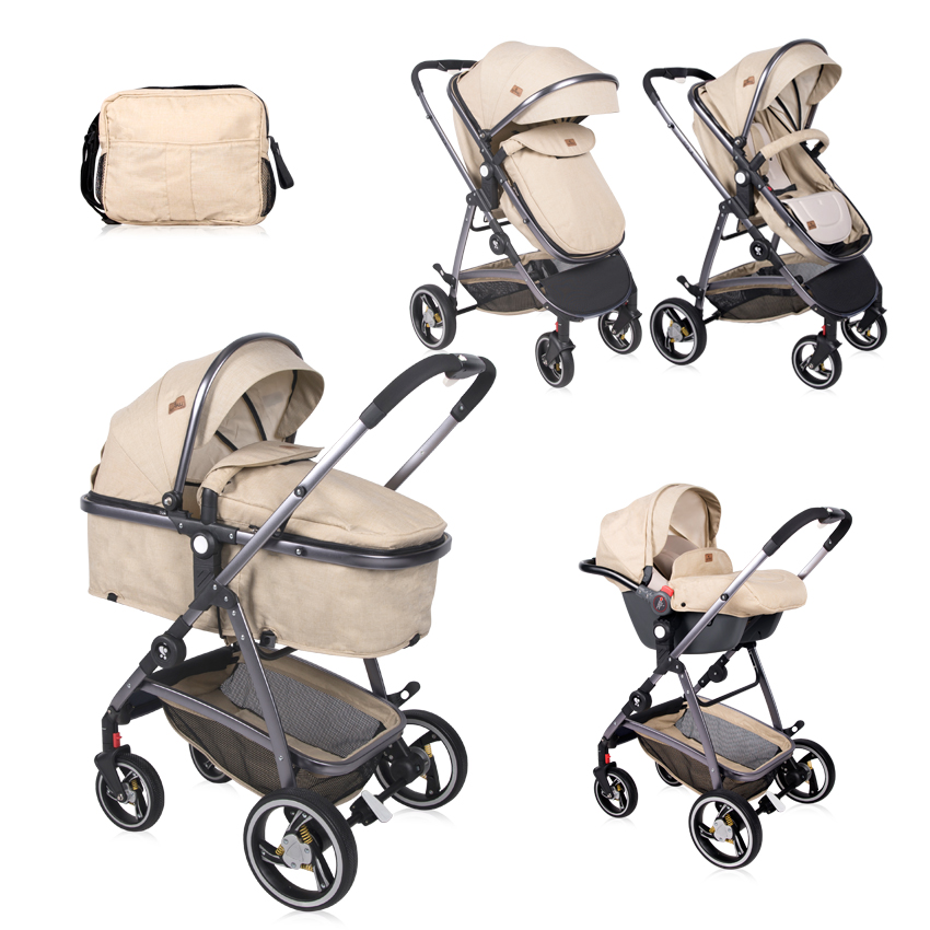 Carucior transformabil 3 in 1, Sola, cos auto inclus, cadru aluminiu, Beige