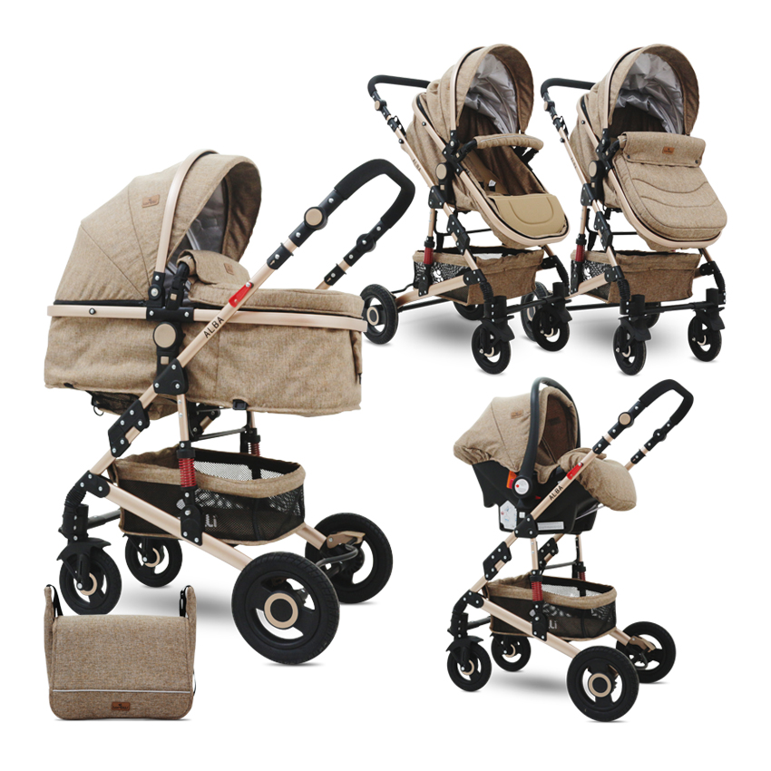 Carucior transformabil 3 in 1, Alba, cos auto inclus, roti cauciuc, Dark Beige