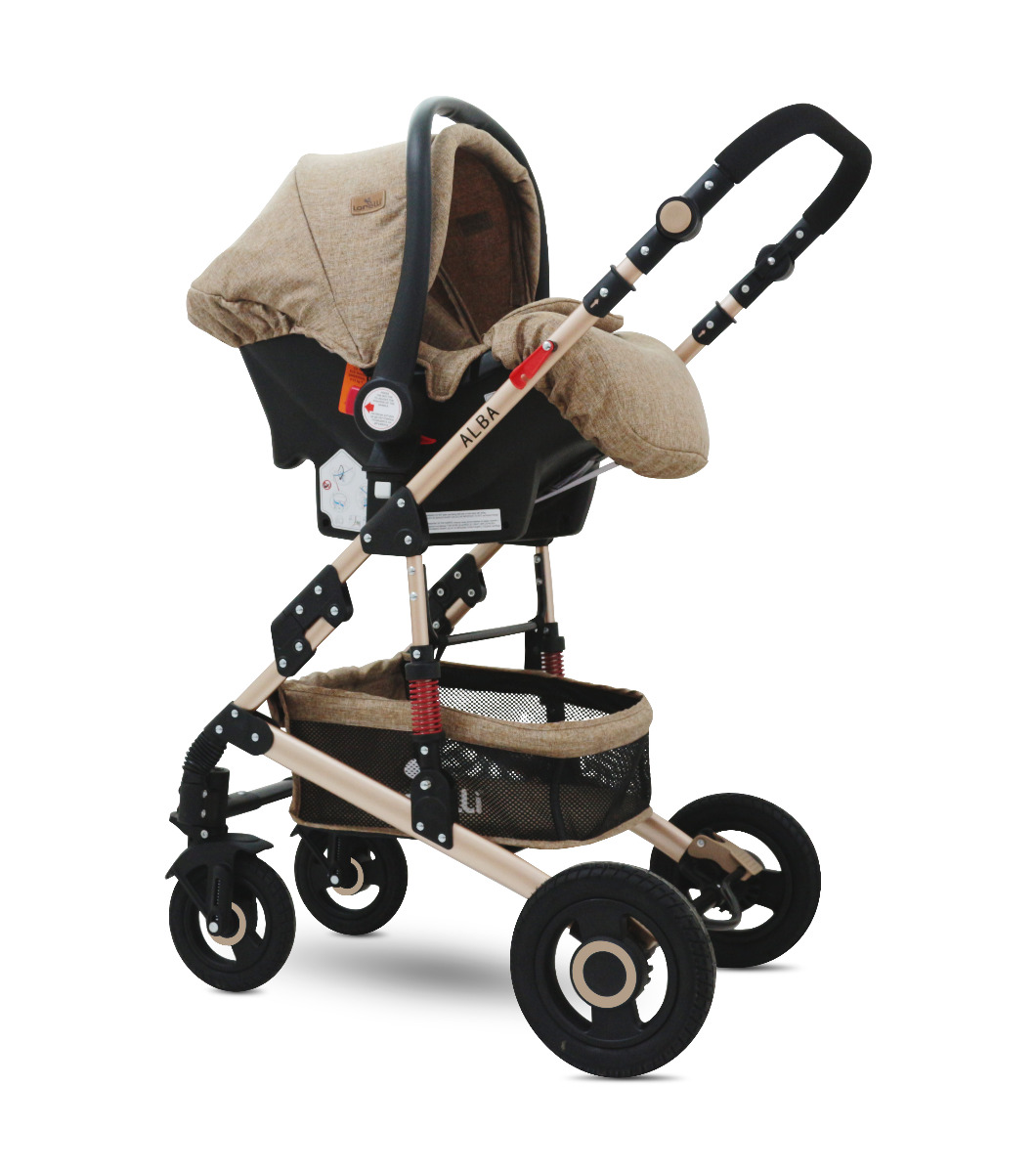 Carucior transformabil 3 in 1, Alba, cos auto inclus, roti cauciuc, Dark Beige image 1