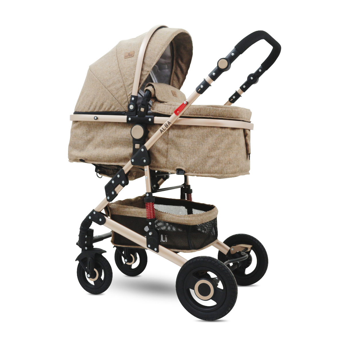 Carucior transformabil 3 in 1, Alba, cos auto inclus, roti cauciuc, Dark Beige image 3