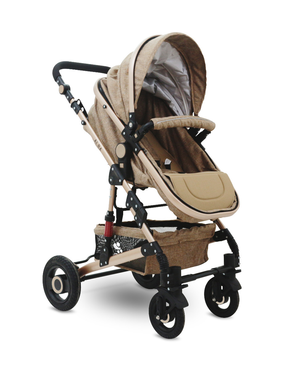 Carucior transformabil 3 in 1, Alba, cos auto inclus, roti cauciuc, Dark Beige image 4