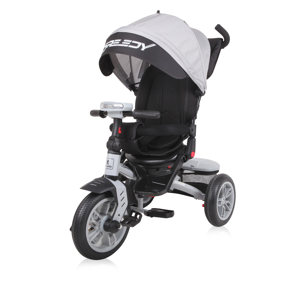 Tricicleta multifunctionala 4in1, Speedy, roti cu camera, scaun rotativ, Grey & Black