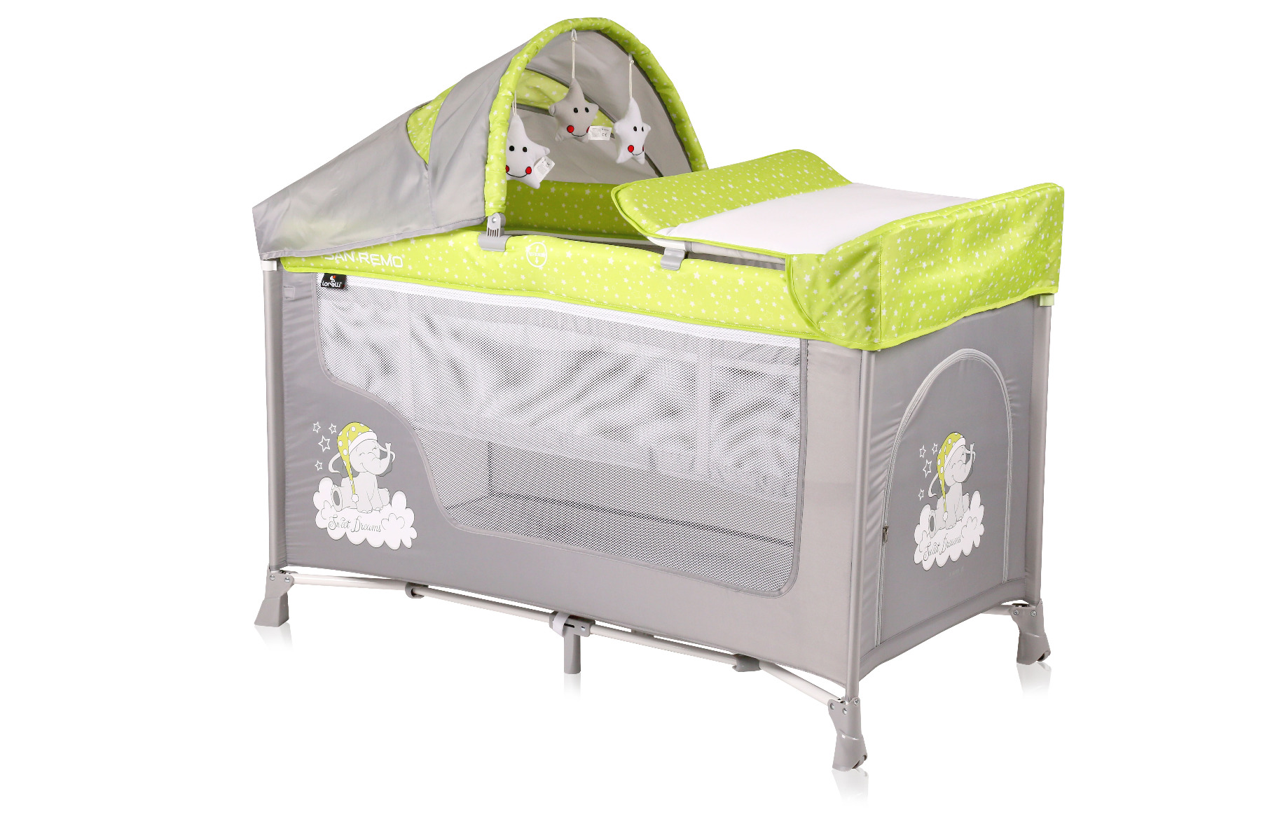 Patut pliabil, San Remo Plus, 2 nivele cu accesorii, Green & Grey Elephant