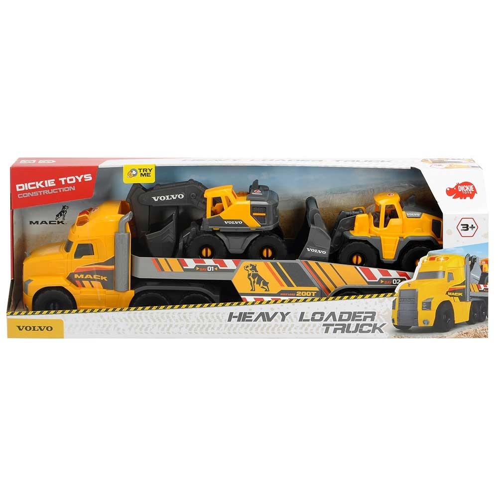 Camion Dickie Toys Mack Volvo Heavy Loader Truck cu remorca, buldozer si camion basculant