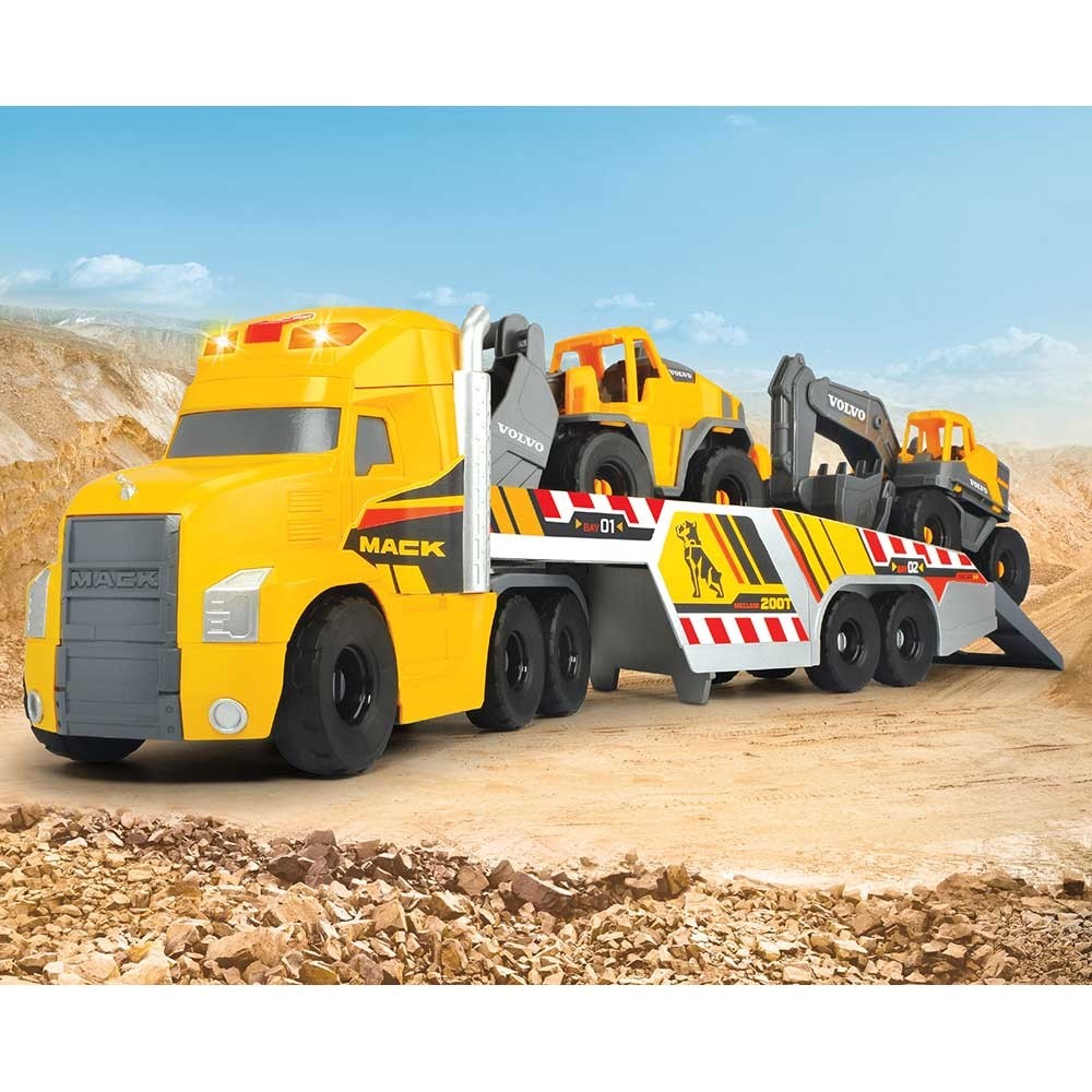 Camion Dickie Toys Mack Volvo Heavy Loader Truck cu remorca, buldozer si camion basculant image 3